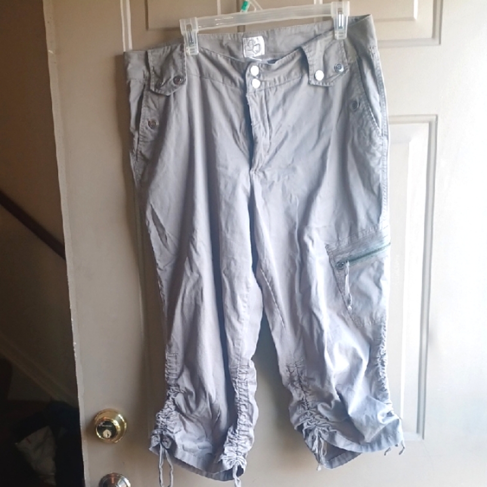 Light olive Cargo Capri Pants w/drawstring pant legs button details
